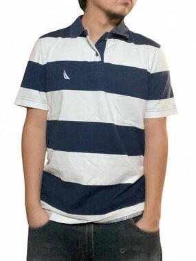 Nautica Men's Classic Fit Striped Short Sleeve Cotton Polo Shirt, Navy/White